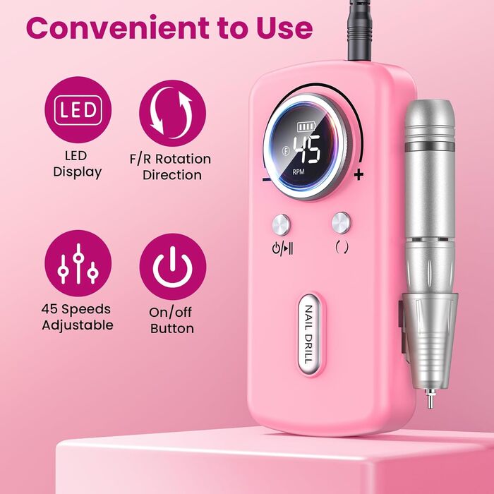 Професійний портативний фрезер для нігтів 45000 об/хв з LCD-дисплеєм (рожевий)