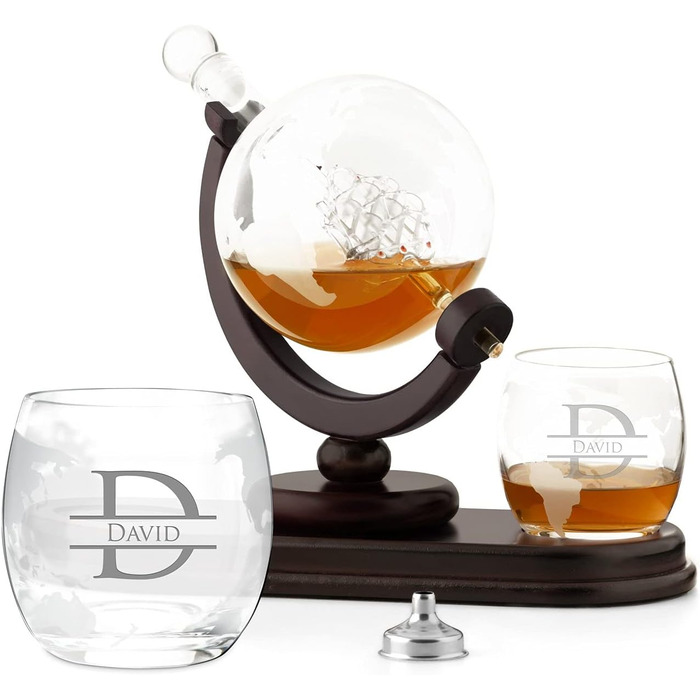 Maverton Whisky Decanter with Engraving - Globe with Ship, 850 ml - 2 Whisky Glasses Set - Whisky Decanter - Christmas Gifts - Personalized Birthday Gift for Men - Engraving