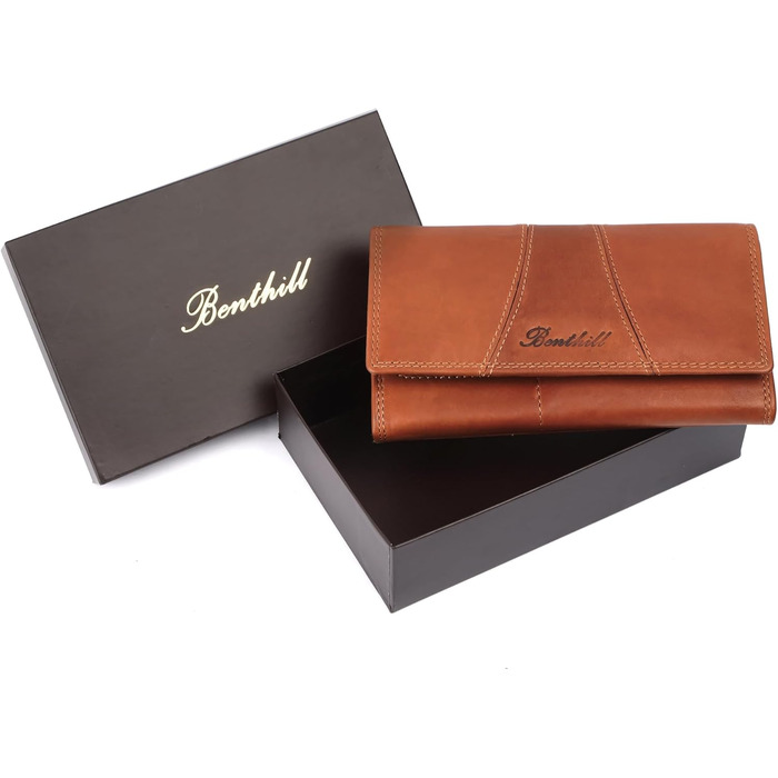 Benthill Wallet for Women Leather - High-Quality Soft Vintage Genuine Leather Women's Wallet with RFID Protection - Large Women's Long Wallet - Women's Portemonnaie (Wallet) including Gift Box, Color: Brown