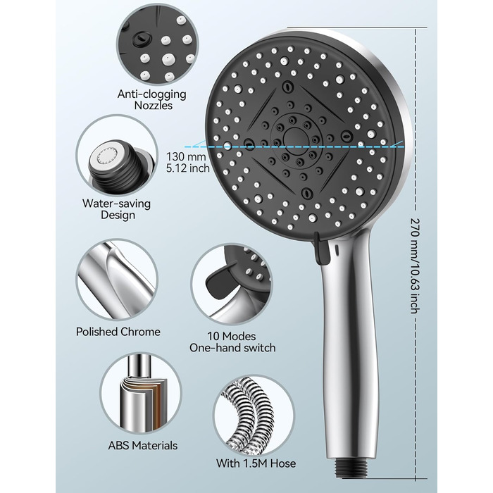 Насадка для душу VOXON з 10 режимами, високий тиск, економія води, для чищення ванни та плитки, зі шлангом 1,5м