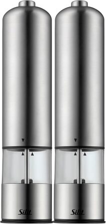 Silit Electric Grinder Set, 2-piece, 23 cm, Electric Salt and Pepper Grinder, Unfilled, Spice Grinders, Grinder for Salt, Pepper, Chili Peppers, Ceramic Grinder, Stainless Steel, Acrylic Glass