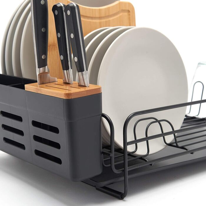 Premium Dish Drying Rack – Drying Rack for Plates with Cutlery Holder and Catch Basin – Black Powder-Coated Steel