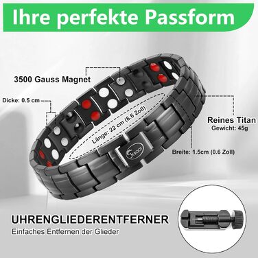 Браслет на магніті JEROOT для чоловіків, чорний титановий браслет з 4 елементами, подвійний ряд, браслет для здоров'я та енергії з високоякісною застібкою-складкою та знімачем ланок годинника (3500 гаус)