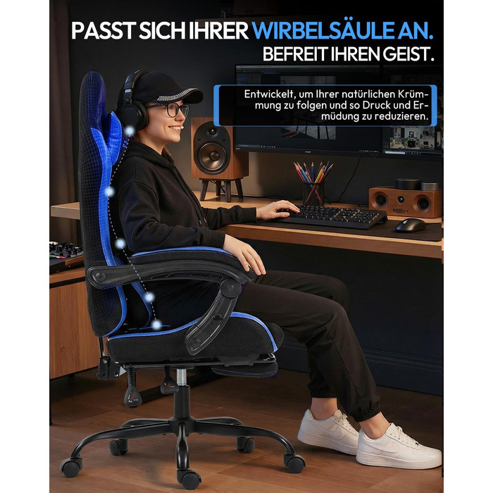 Геймерське крісло Nexthra Ergonomisch з підставкою для ніг, до 180 кг, блакитне. Регульована спинка 150°, для геймінгу та офісу