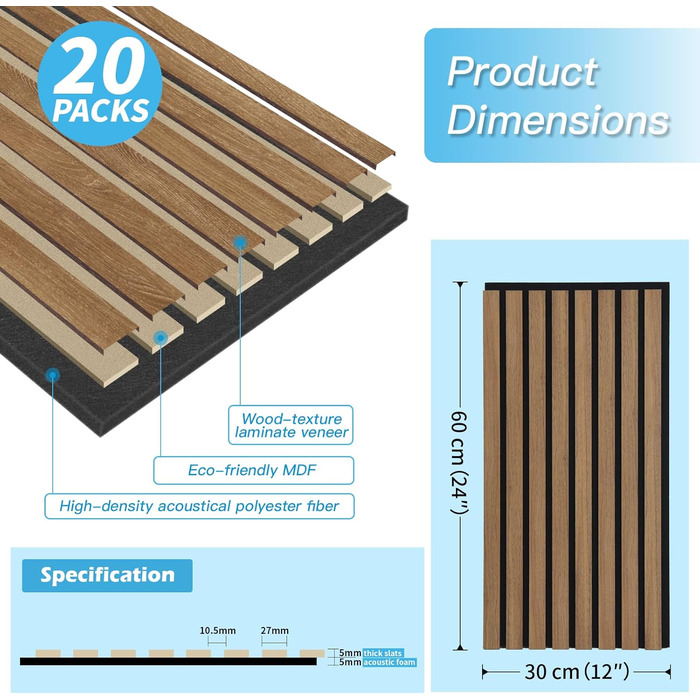 Акустичні 3D-панелі Art3d для шумоізоляції офісу, студії та вітальні, шпонований горіх з фетровою підкладкою, 60x30 см (набір 20 шт, Темний горіх)