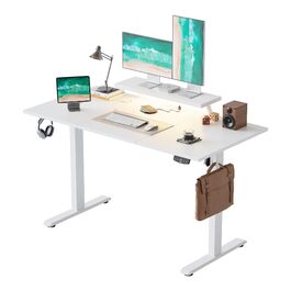 Електричний регульований стіл Agilestic 140x60 см з LED-підсвіткою, USB-портом та мобільним тримачем монітора, білий