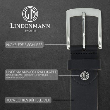Чоловічий шкіряний ремінь Lindenmann 40 мм, повноецінна шкіра, чорний, 135 см (XXXXL)