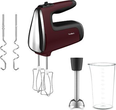 Міксер ручний Tefal Powermix Silence HT6525, 600 Вт, 5 швидкостей + турбо, червоний, 2 вінчики та 2 гачки з нержавійки, насадка-блендер, комплект