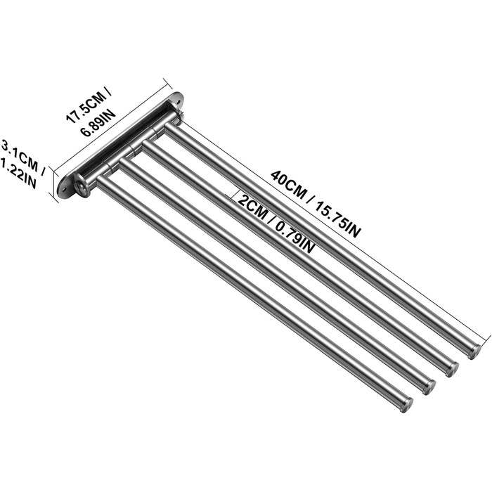 Тримач для рушників у ванну кімнату з 3-ма перекладинами, поворотний, з 3-ма кріпленнями, 40 см, нержавіюча сталь, монтаж на стіну, срібний (тримач для рушників з 4-ма кріпленнями)