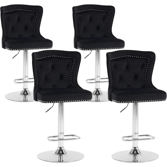 KHISCHMO Set of 2 Velvet Bar Stools - Modern Kitchen Counter Stools with Lion Paw Pulls - Adjustable Height, 360° Swivel - Black (Set of 2)