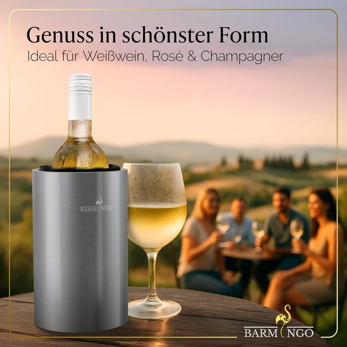 Охолоджувач для вина BARMINGO з нержавіючої сталі з 2 охолоджувальними акумуляторами – охолоджувач напоїв та флаконів для вина, шампанського, сект | Охолоджувач сект з подвійними стінками з охолоджувальними манжетами | Охолоджувач для винних пляшок | Сріб