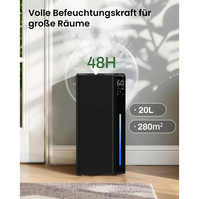 Зволожувач повітря для великих приміщень 20L, теплий та холодний туман, зволожувач до 280м², 360° ультразвуковий зволожувач, для спальні/вітальні/офісу/рослин/комерційного використання, чорний