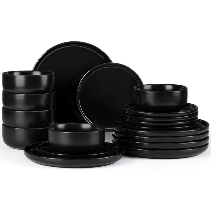 Набір посуду Onader на 6 осіб: 18-ти частинний сервіз з каменю, 6 тарілок, десертних тарілок, мисок, стійкий до миття в посудомийній машині та подряпин (Класичний чорний)