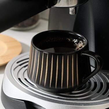 Набір керамічних чашок та підставок для кави з металевим стійкою (6 шт.), 130 мл, чорний, для капучіно, еспресо, лате, американо, чаю