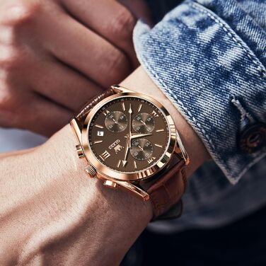 Чоловічий годинник OLEVS Vintage з шкіряним ремінцем, великий циферблат, водонепроникний, аналоговий годинник з датою, коричневий циферблат/коричневий ремінець