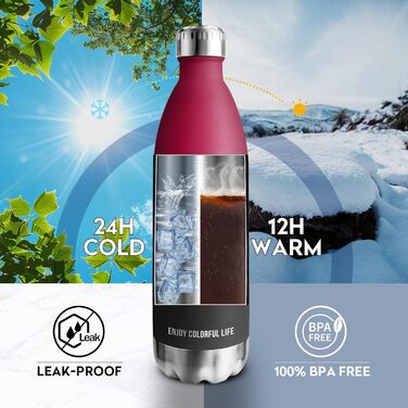 Термос KollyKolla з нержавіючої сталі 500мл/750мл/1л: термос-пляшка, спортивна, для дітей, без BPA, ізотермічна, для школи, кемпінгу, фітнесу, подорожей (1000 мл)