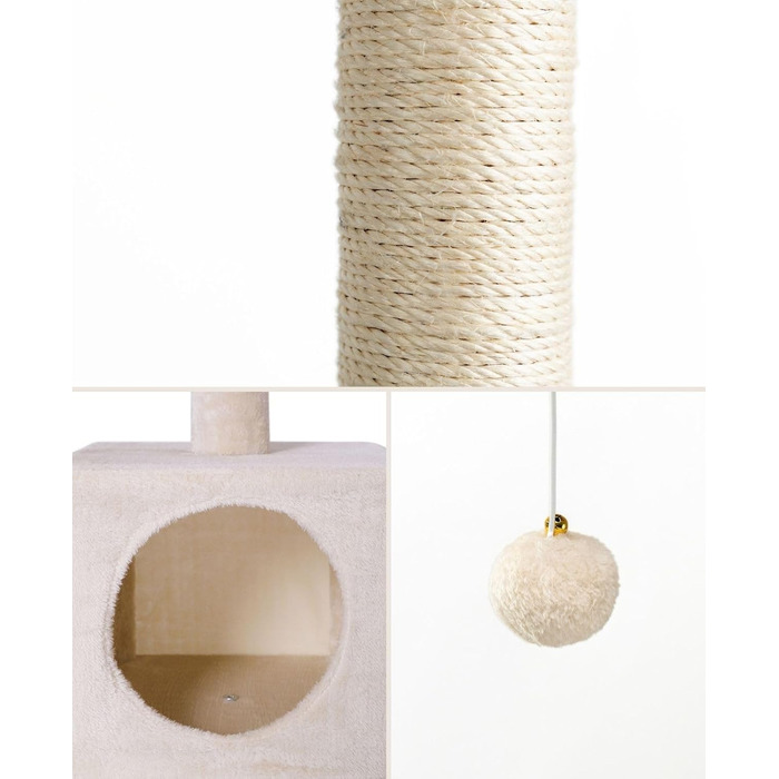 Lionto Scratching Post for Cats with Cave and Plush Ball incl. Bell, Height 85 cm, Cat Tree with Sisal & Plush, Cozy Resting Areas & Cave, Suitable for Small & Large Cats, Beige