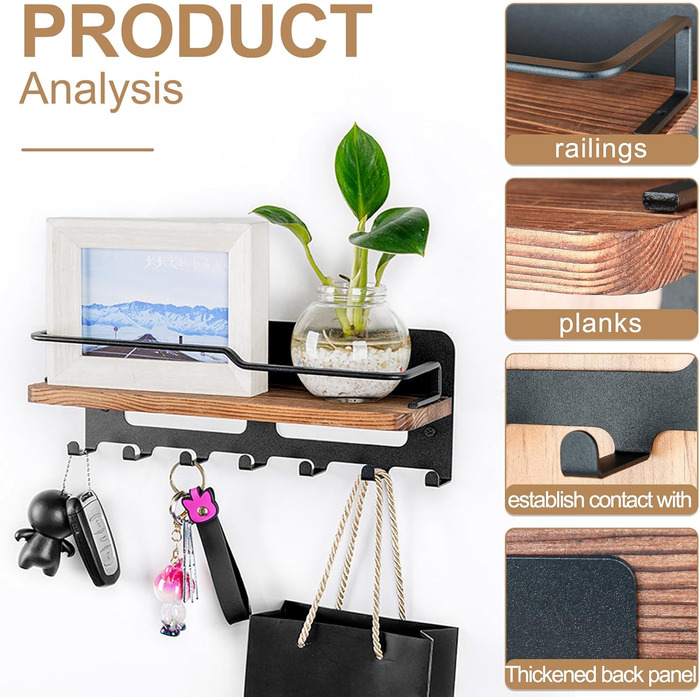 Дерев'яне ключове дошка JiangLin з полицею, декоративний тримач для ключів, настінна організація для ключів з 7 гачками, для входу, коридору, вітальні, чорний