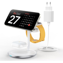 3-в-1 індукційна зарядка для декількох пристроїв, 15W MagSafe зарядка для iPhone 15/14, MagSafe зарядний пристрій для iWatch Ultra 2/1/Series 9/8, AirPods, білий колір