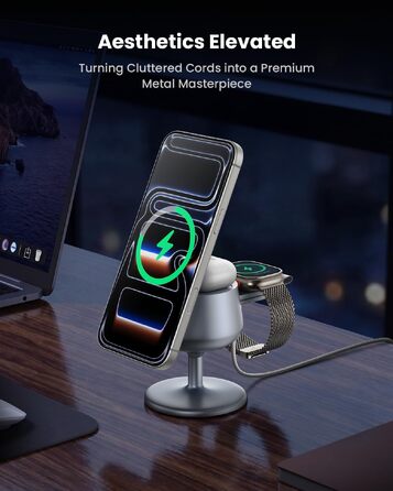 Бездротова зарядна станція 3-в-1 GEEKERA Qi2.2 25W для Apple: MagSafe швидкий заряд для iPhone 17/16/12, Apple Watch та AirPods, адаптер GaN 45W, срібляста