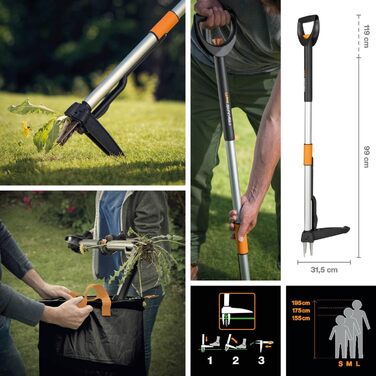 Телескопічний видаляч бур'янів Fiskars Smart-Fit 1-1,19 м, нержавіюча сталь, пластиковий руків'я, чорний/помаранчевий, 1020125