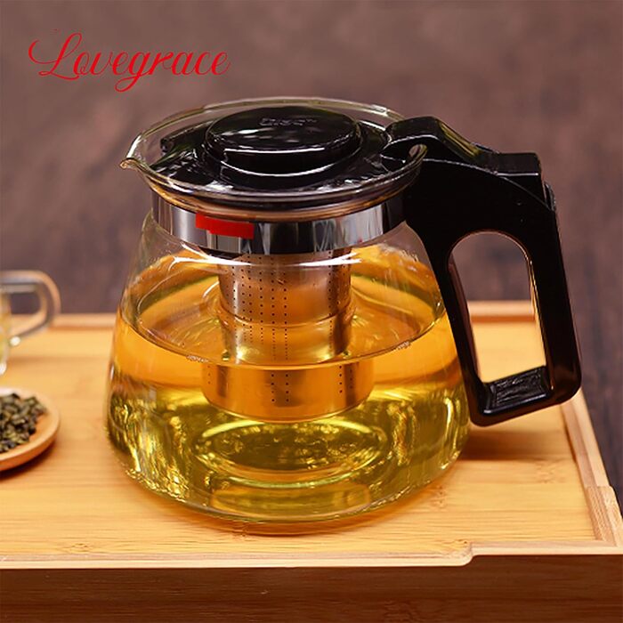 Чайник Lovegrace зі скла з ситечком – термостійкий, придатний для миття в посудомийній машині, з фільтром з нержавіючої сталі, 1500 мл