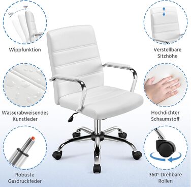 Офісне крісло Yaheetech: ергономічне, з підлокітниками, поворотне, до 130 кг, біле