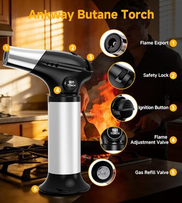 Кулінарний пальник Ankway для карамелізації та фламбування, газовий пальник для крем-брюле з замком безпеки, регульований, чорний (без бутану)