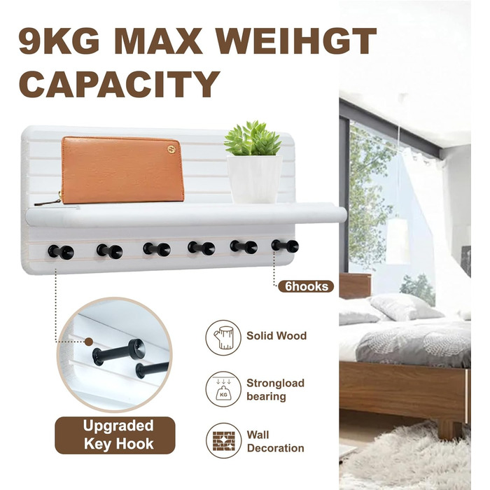 Дерев'яне ключниця з полицею та 6 гачками, ключниця на стіну для прихожого, коридору, кухні (білий)