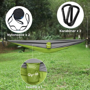 Гамак туристичний Glymnis Ultraleicht Outdoor 300x200 см, зелено-сірий, з мотузками та карабінами, вантажопідйомність 300 кг