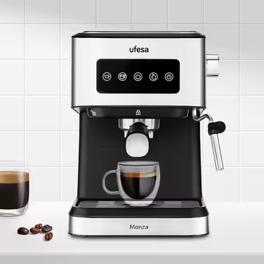 Ufesa Sienna Espresso Machine and Cappuccino Portafilter Machine with Milk Frother, 20 Bar Pressure, Digital Touch Panel, 1360W, for Ground Coffee or ESE Pads, 0.9L Water Tank, Silver (1050W | INOX)