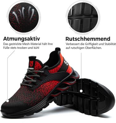 Зручні робочі черевики Suadex з металевим носком для чоловіків та жінок. Дихаючі, розміри 37-48 EU, колір червоний