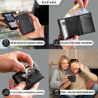 Чоловічий шкіряний гаманець DAPARA з відділенням для монет та RFID-захистом | Slim Wallet для чоловіків | Портмоне на 12 карт | Чорний міні-гаманець з відділенням для монет