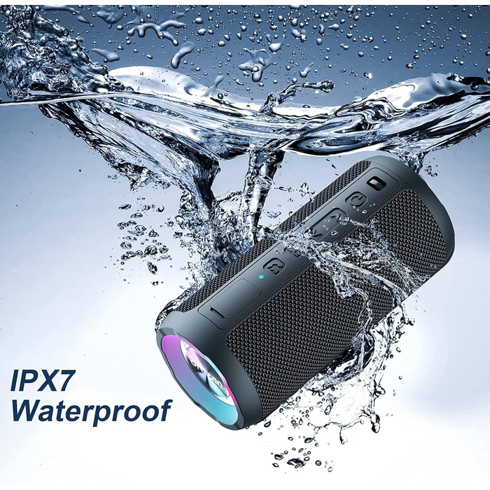 Портативна Bluetooth колонка Ortizan з підсвічуванням, IPX7 водонепроникність, подвійний бас, 30 годин роботи, функція гучного зв'язку, чорна