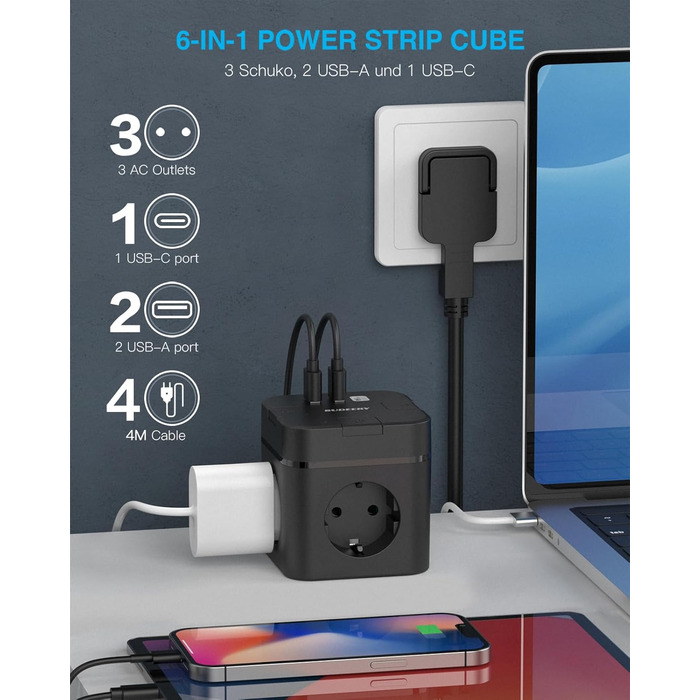 Багатофункціональний USB-розподільник 6 в 1 з USB-C, 3 розетки, індивідуальне вмикання, куб, кабель, для офісу, дому, подорожей (4M, чорний)