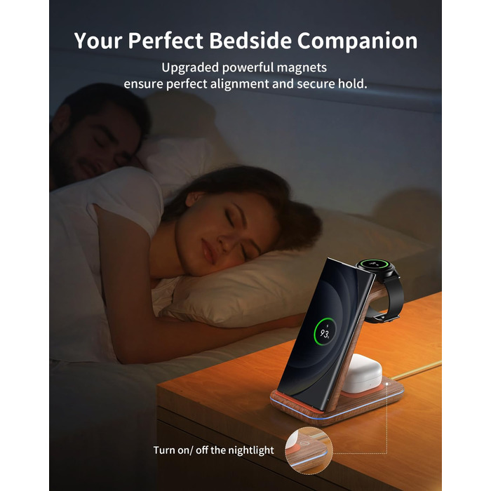 Бездротова зарядка JoyGeek 3 в 1 для Samsung Galaxy: смартфонів (S25/S24/S23/S22/Z Flip/Fold) та годинників/навушників (Watch Ultra/8-4/Buds), з бамбуковою підставкою