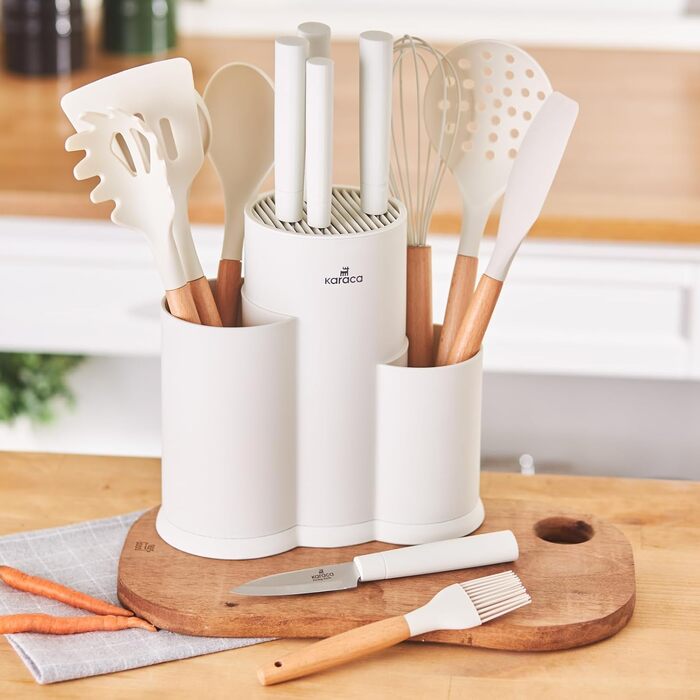 Набір ножів Karaca Gusto 12 шт. з дерев'яним обробним ящиком та кухонними аксесуарами. Ножі з нержавіючої сталі, ергономічні ручки, чорний (кремовий)