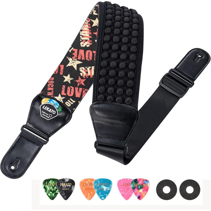 Гітарний ремінь LEKATO з 3D неопреновим наповнювачем, ширина 3 дюйми, довжина 114–139 см, регульований ремінь для бас-гітари та електрогітари з шкіряними кінцями