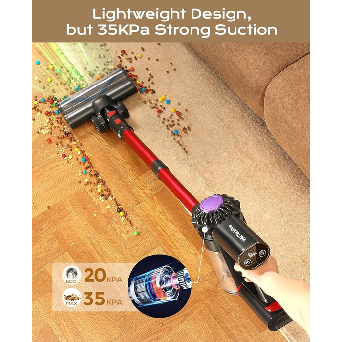 Бездротовий акумуляторний пилосос V15, 35KPa, 6-в-1, для твердих підлог та килимів, видалення шерсті тварин (червоний)