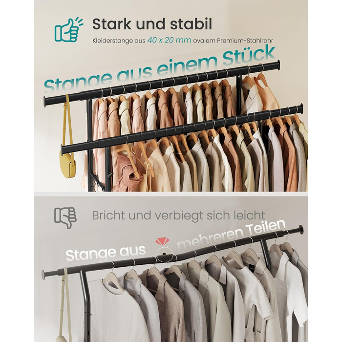 SONGMICS Стійка для одягу на коліщатках, важка, з 2 висувними штангами, регульована висота, з полицею та гачками, чорний HSR015B01