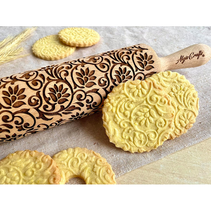 KLETTERBLUMEN Rolling Pin. Rolling pin with flowers for homemade pastries and ceramics. Engraved rolling pin with pattern for DIY kitchen, dough & cookies by Algis Crafts