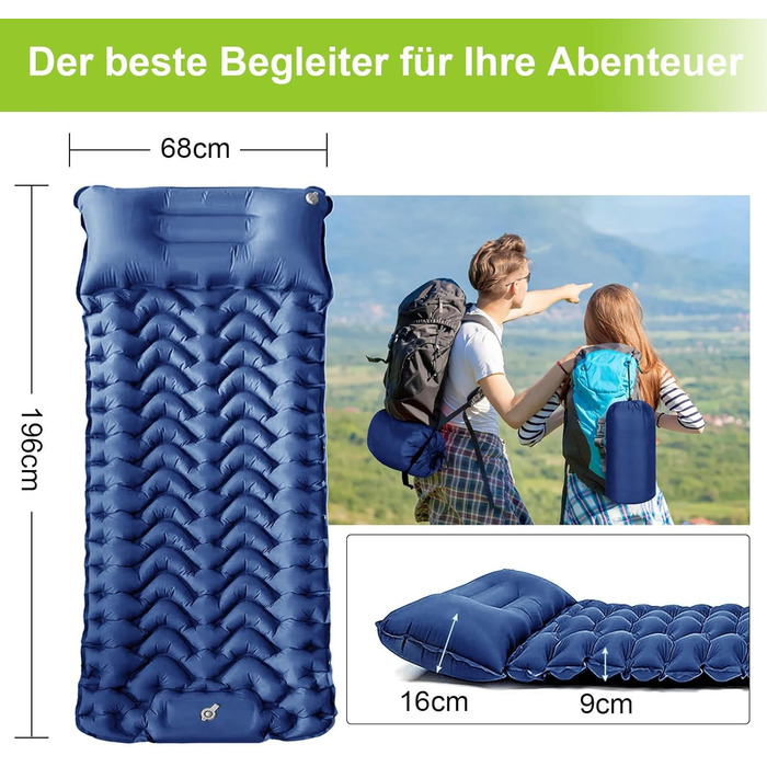 Каремат туристичний самонадувний Cunbayi з інтегрованими подушками та насосом для кемпінгу, пікніків, відпочинку на природі. Кольори: блакитний