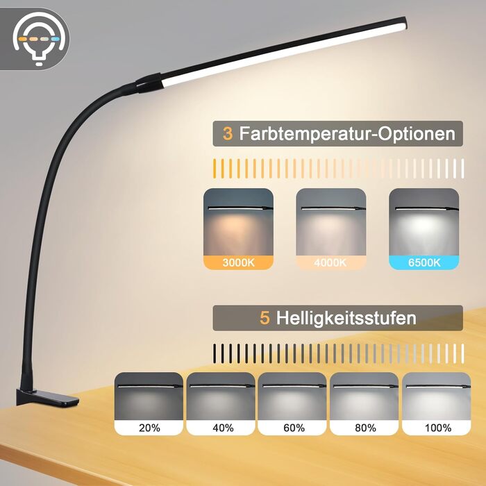 LED лампа для столу Homefire: регульована, чорна, з 3 кольорами та 5 рівнями яскравості, USB, для офісу та навчання