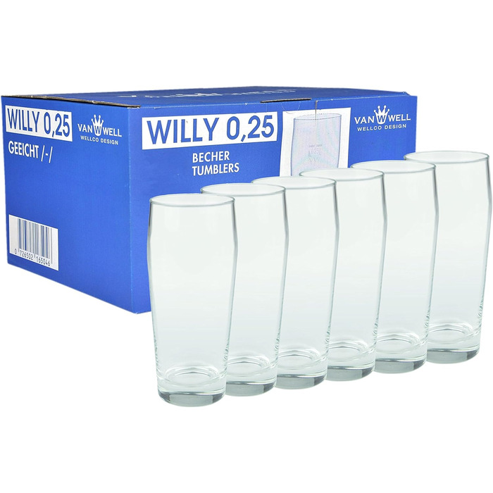 Склянки для пива Van Well Willibecher 0,25л (12 шт) - Преміум, міцні, для бару та дому