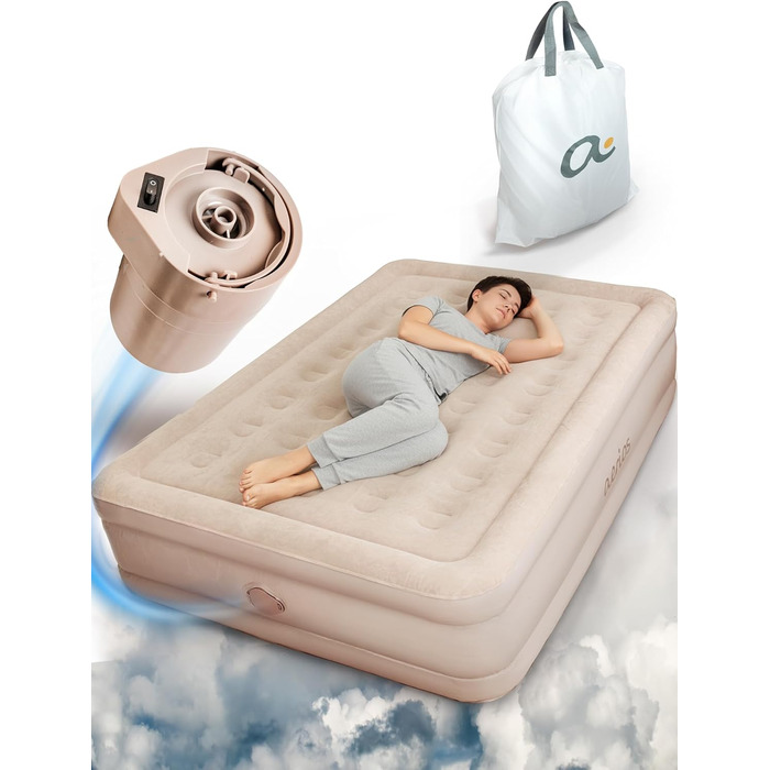 Надувне ліжко Aerios для 2 осіб з вбудованим USB-C насосом | Преміум гостьове ліжко без кабелю живлення | Надувне ліжко - виберіть розмір! Бежевий двоспальний