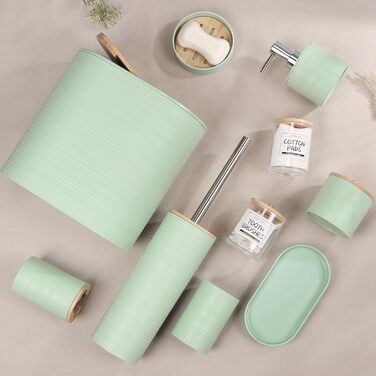 Набір для ванної кімнати IMAVO, 26 предметів: аксесуари для ванної, душова завіса, килимки, сміттєвий бак, піднос, дозатор мила, мильниця, тримач для зубних щіток, стакан для зубних щіток (зелений)