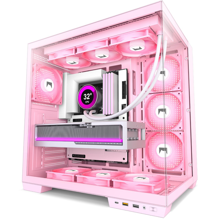 Корпус ПК ATX HYXN з 7 вентиляторами PWM ARGB, Mid Tower, Dual Chamber, Type-C, підтримка 3x360 мм кулерів (білий, рожевий)