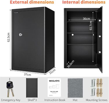 Сейф Safe Tresor WASJOYE з ключем для дому/офісу, 67л (25x35x25 см)