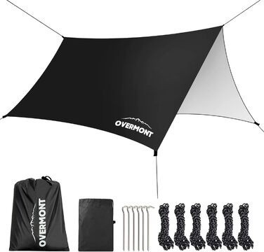 Намет Overmont 3x3м, Тент, Сонячний Павільйон з 6 кілочками та 6 мотузками. Захист від сонця для гамака, відпочинку на природі, подорожей та пікніків (Чорний)