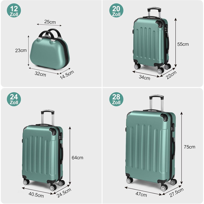 Набір валіз LALAHO 4 шт. з косметичками, з ABS пластику, рожевого кольору (Турквіс, смужки)